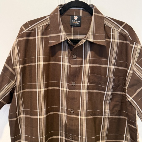 Yago Men's Large Brown Plaid Short Sleeve Button-Down Shirt - Picture 2 of 7